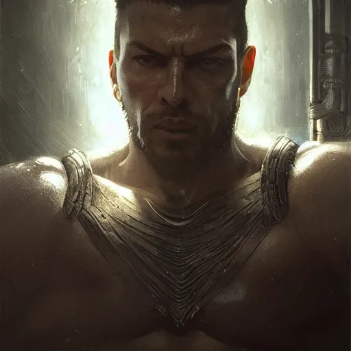 Image similar to handsome portrait of a spartan guy bodybuilder posing, radiant light, caustics, war hero, metal gear solid, ghost in the shell, by gaston bussiere, bayard wu, greg rutkowski, giger, maxim verehin