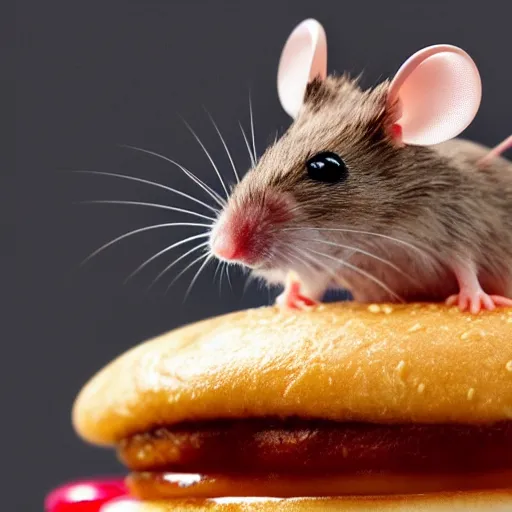 Prompt: a mouse sitting on the top of a hamburger, hyper realistic, macro photo, very detailed