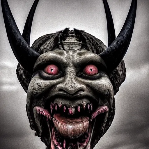 Prompt: Photo taken in the 2000's of a smiling demon with four horns and four wings, photorealistic, film still, desolate, terrifying, weird, strange, odd, uncanny, hyper realism, highly detailed, photorealism, smooth gradients, high contrast, photorealistic