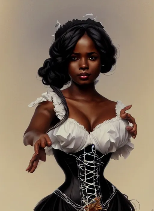 Image similar to cute black woman wearing a white corset dress, fantasy, intricate, highly detailed, digital painting, artstation, concept art, wallpaper, smooth, sharp focus, illustration, art by artgerm and greg rutkowski and alphonse mucha