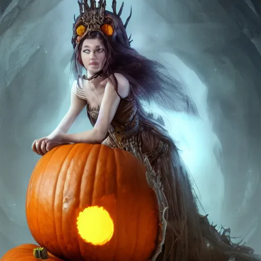 Prompt: beautiful detailed fantasy woman wearing a dress and a pumpkin on her head, character portrait, epic fantasy, 3d with depth of field, blurred background, female, nautilus. A highly detailed epic cinematic concept art CG render. made in Maya, Blender and Photoshop, octane render, excellent composition, cinematic dystopian brutalist atmosphere, dynamic dramatic cinematic lighting, aesthetic, stylized, very inspirational, Koda Kazuma, Hayao Miyazaki, Tetsuya Nomura, Yusuke Murata