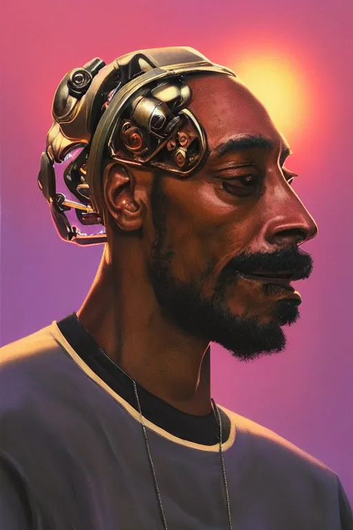 Prompt: a close up portrait of a robot resembling snoop dogg, three quarter view, dramatic backlighting, golden hour, autochrome, high contrast, highly detailed, sharp focus, digital painting, concept art, illustration, trending on artstation, art by greg rutkowski and ruan jia and greg hildebrandt