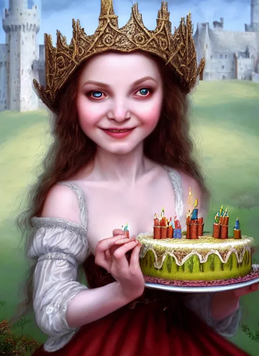 Image similar to highly detailed closeup portrait of a grinning irish fairytale medieval princess eating birthday cake, unreal engine, nicoletta ceccoli, mark ryden, lostfish, earl norem, global illumination, god rays, detailed and intricate environment