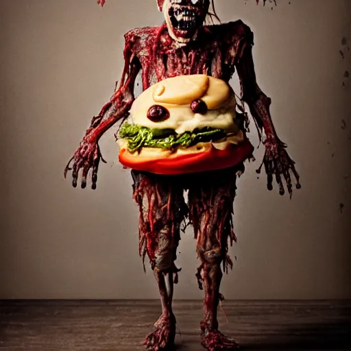 Image similar to a humanoid bipedal upright zombie that strongly resembles a hamburger, professional food photography