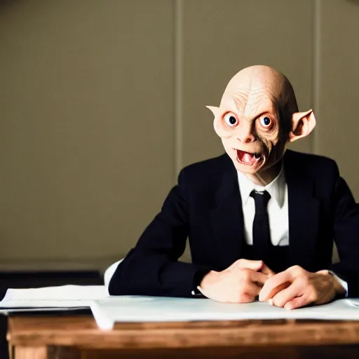 Prompt: photo of gollum from lord of the rings, wearing a suit, giving a presentation in a formal business meeting,