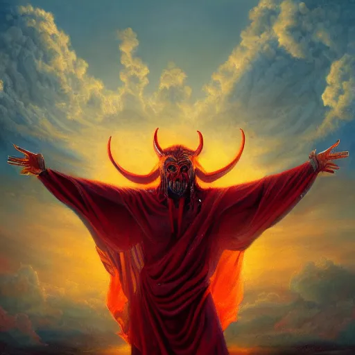 Image similar to realistic painting of a red bloody satanic figure standing in the middle of heaven by michael whelan, ultra realistic, 8 k, trending on artstation, octane renderer, mesmerizing, aesthetic, beautiful