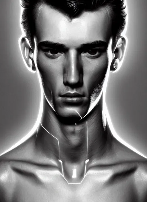 Image similar to a highly detailed long shot photo of masculin male face portrait, futurism, rococo cyber neon lighting, detailed futuristic fibonacci jewelry, profile posing, hyper photorealistic, crispy quality, digital photography, trending in pinterest, cinematic, 4 k ultra hd, art by pascal blanche, art by greg rutkowski, art by artgerm,