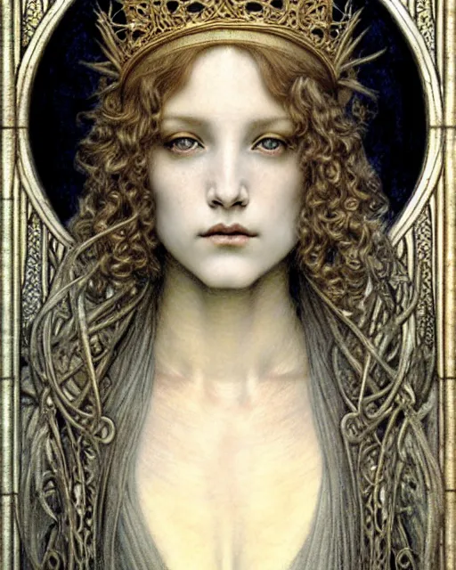 Image similar to detailed realistic beautiful young medieval queen face portrait by jean delville, gustave dore and marco mazzoni, art nouveau, symbolist, visionary, gothic, pre - raphaelite. horizontal symmetry