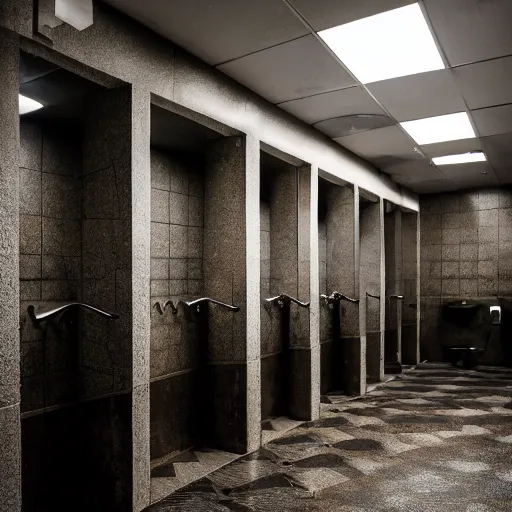 Prompt: public men's restroom with infinite rows of urinals, dark low lighting, scary, creepy, blood splattered, dream like, foggy, 8 k, 1 5 0 mp,