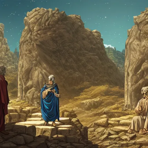 Image similar to plato arguing with diogenes on the necropolis, by dan mumford, yusuke murata, makoto shinkai, ross tran, cosmic, heavenly, god rays, intricate detail, cinematic, 8 k, cel shaded, unreal engine, featured on artstation, pixiv