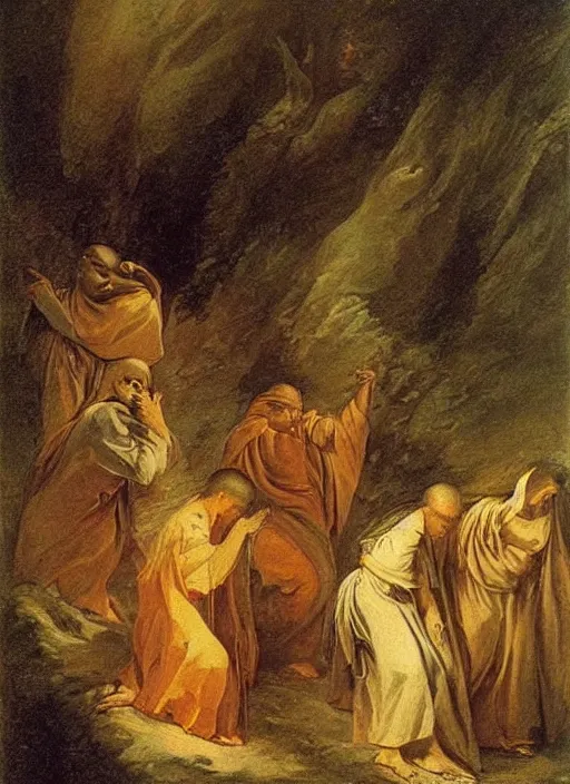 Image similar to elisabeth louise vigee - le brun painting of monks in raising new magical glowing spirit, old master painting,