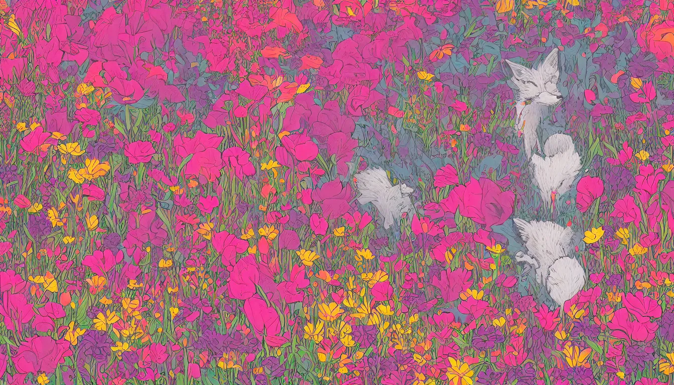 Image similar to pink fox head popping out of a field of multi colored flowers by kilian eng