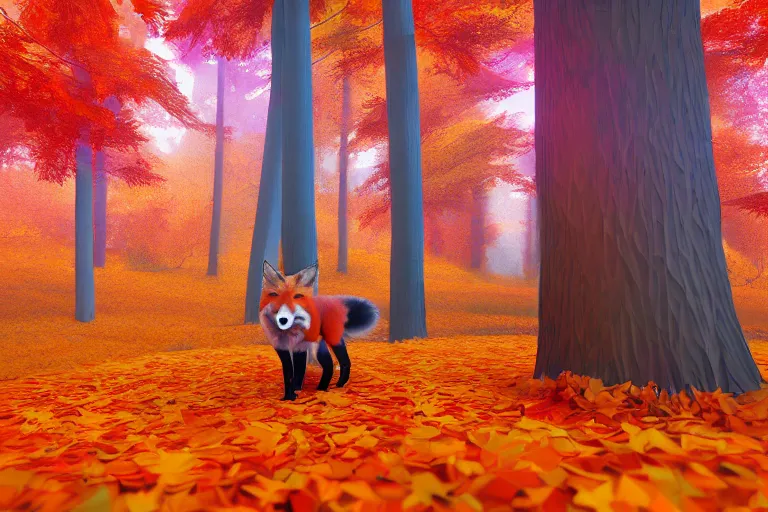 Image similar to super detailed color lowpoly art, red fox in an autumn maple forest, unreal engine, retrowave color palette, 3 d render, lowpoly, colorful, digital art, perspective