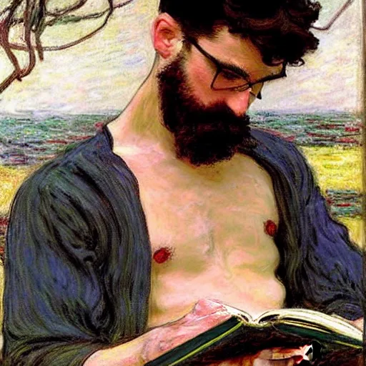 Prompt: attractive man reading a book, painting by tom of finland, john william waterhouse, claude monet