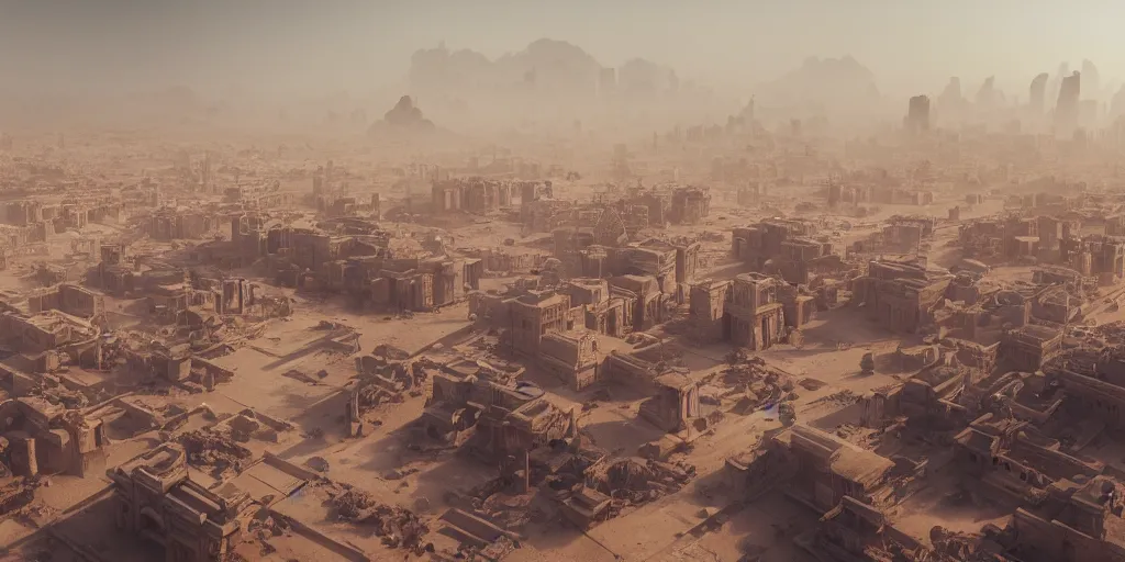 Prompt: ancient urban city super wide aerial view, building, desert, temple, cinematic composition, mist, obscure render light dark, blade runner 2 0 4 9