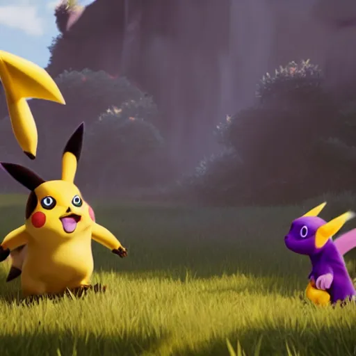 Prompt: Pikachu and Spyro playing together, unreal engine 5, hyperrealistic, gorgeous, award winning by Greg Rutkowski, Sung Choi, Mitchell Mohrhauser