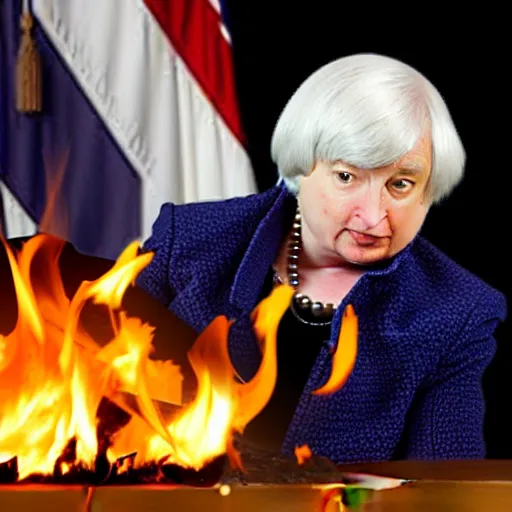 Image similar to Janet Yellen burning up pile of dollars