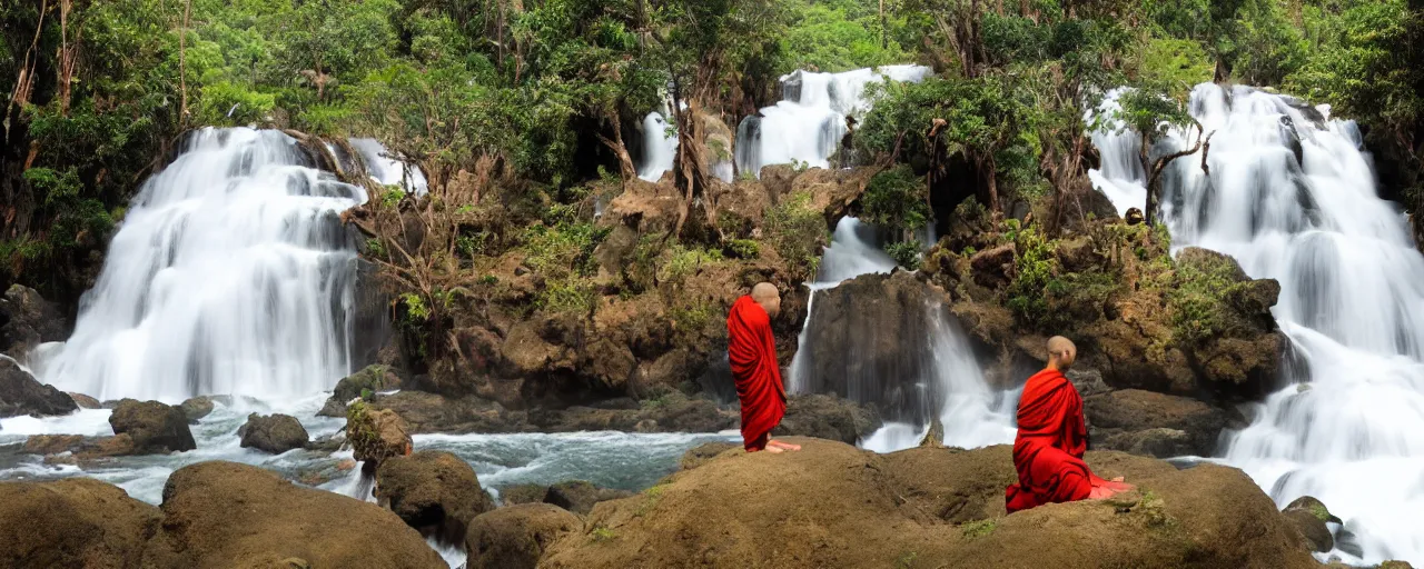 Image similar to a simply breathtaking shot of mediating monk at pongour falls in dalat, 7 layers waterfall, dang ngo