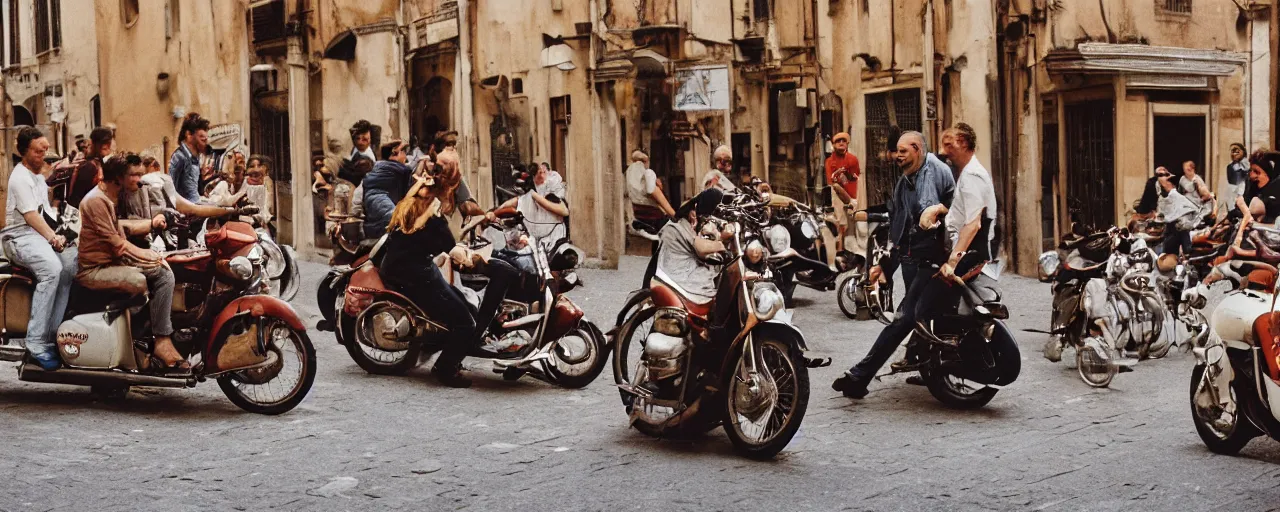 Image similar to a group of people on the streets of rome riding in a motorcycle made of spaghetti, canon 5 0 mm, cinematic lighting, photography, retro, film, kodachrome