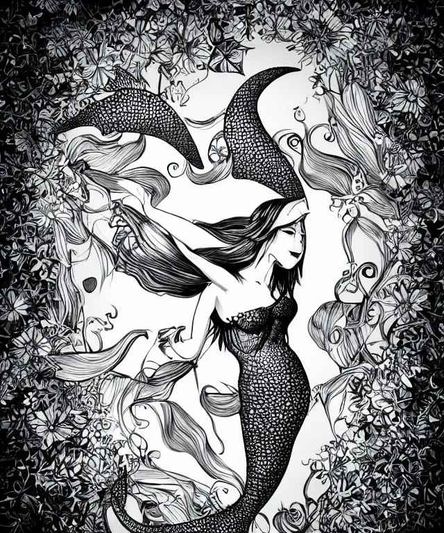 Image similar to black and white illustration, creative design, beautiful mermaid, full body, bikini top fish tail
