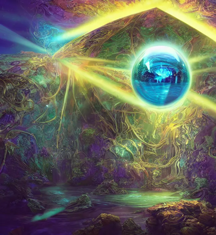 Prompt: a magical and exquisite fantasy illustration of an intricate and faceted crystal ball with a world inside of it + in water + prism + god rays + dramatic lightning + backlit + specular highlights + ambient occlusion + global illumination + bump map + reflective + caustics + refractive + unreal engine 5 + DOF + sharp focus, digital artwork by Dan Mumford + Peter Mohrbacher + Ash Thorp