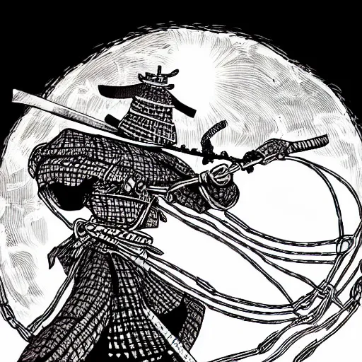 Image similar to samurai under wrapped in chains under a full moon ,ink art In the style of Moebius drawing