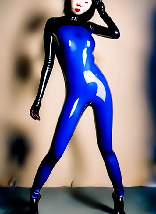 Image similar to dark techno japanese women with black eyes and pretty face wearing latex catsuit and lots of transparent and cellophane accessories, blue hour, crisp, by mayumi hosokura