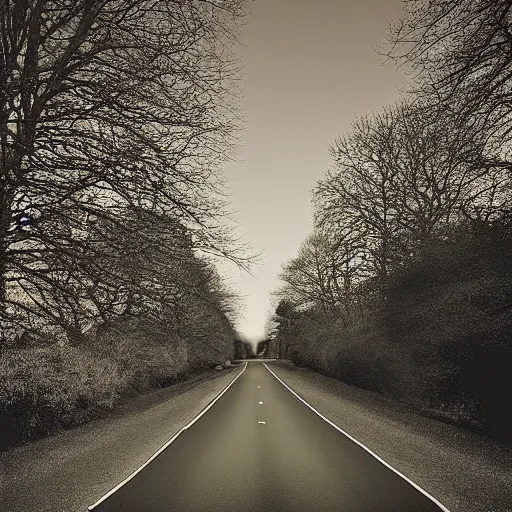 Image similar to Beautiful cameraphone 2000s, soft liminal Photograph of an estate road at night, hedge