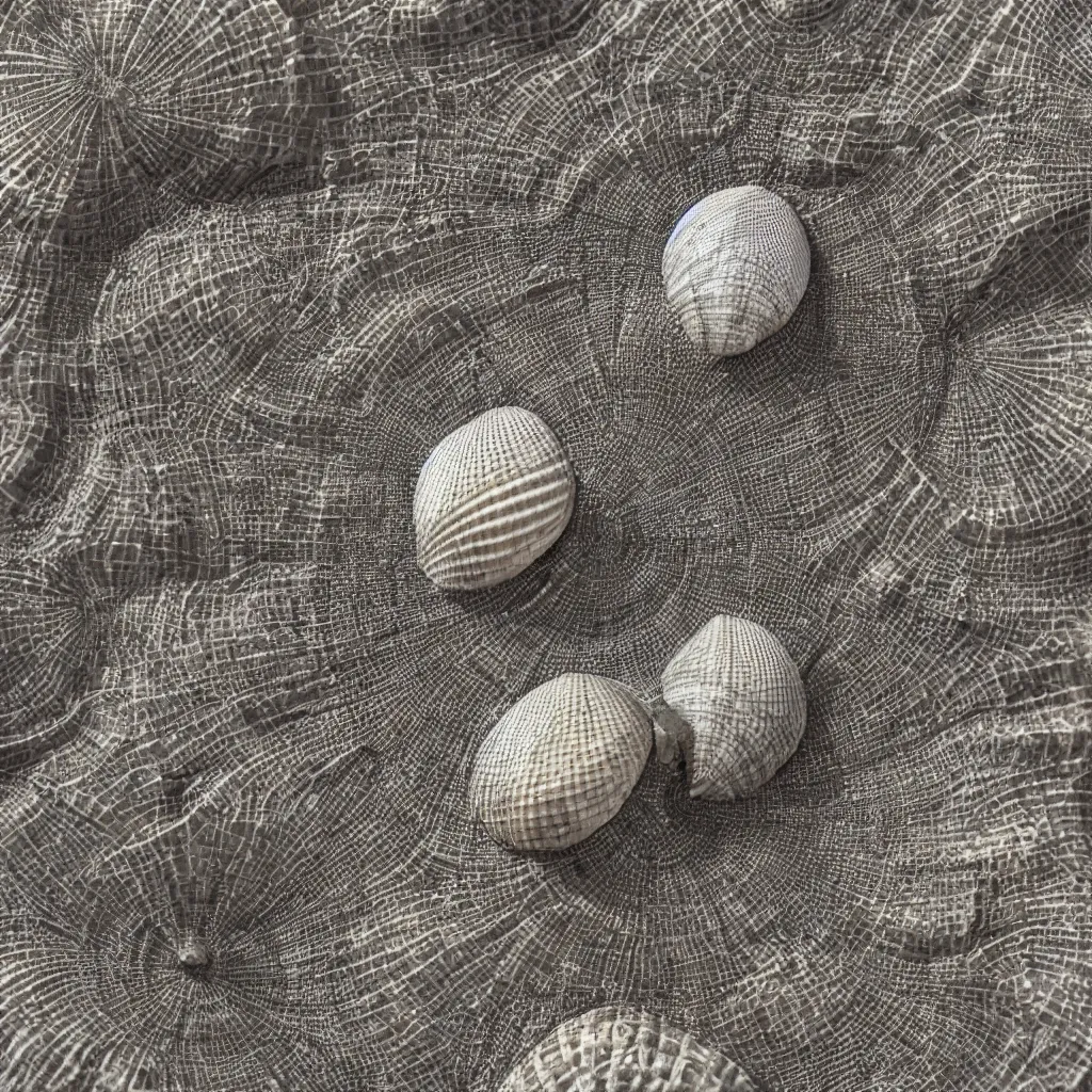 Image similar to geometric single sea shell by ernst haeckel, modeled in 3 d, closeup, cinema 4 d render, beach sad background, clear focus, very coherent, very detailed