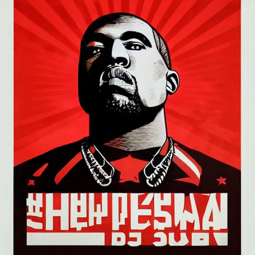 Image similar to Russian Propaganda Soviet screen-print shepard fairey illustrated poster of Kanye West as President standing in front of a USA America flag