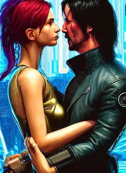Prompt: a cyberpunk 2077 couple portrait of Keanu Reeves & female android in final kiss,love,by Laurie Greasley,Lawrence Alma-Tadema,Dan Mumford,artstation,deviantart,FAN ART,full of color,Digital painting,face enhance,highly detailed,8K,octane,golden ratio,cinematic lighting