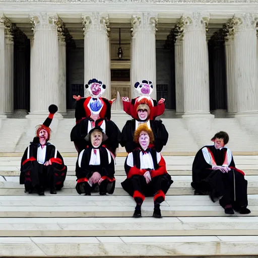 Prompt: Exactly 6 dressed as Clowns Exactly 3 in Justice Robes, sitting on the Supreme Court, 4K, Octane Render https://media.discordapp.net/attachments/1005627987435192381/1006954863948726304/supreme.jpg