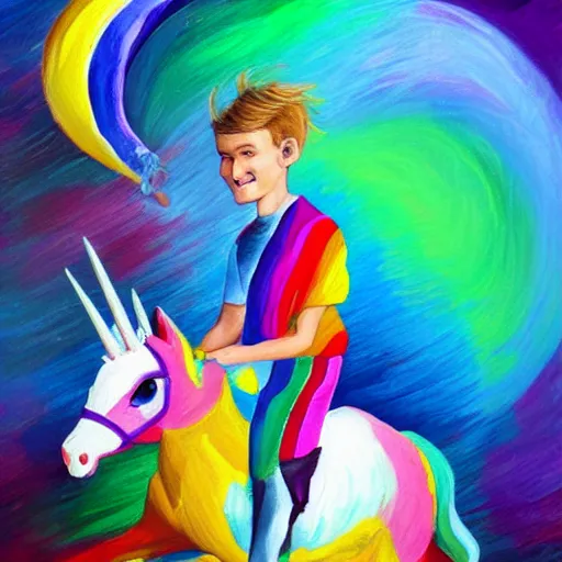 Prompt: Vitalik Buterin riding a unicorn, colorful painting