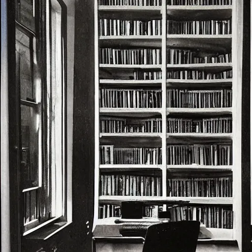 Image similar to painting of an apartment own by a writer, a lot of books on the shelves, desk with typewriter on it, one windows with gentle light