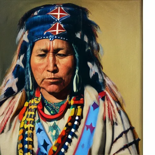 Image similar to Young Native American Woman as United States Emperor in her Ceremonial Garb, 1966, Stars and Stripes, Oil on Canvas