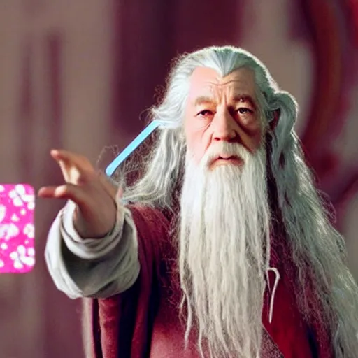 Image similar to portraid of gandalf wearing a Hello Kitty costume, holding a blank playing card up to the camera, movie still from the lord of the rings