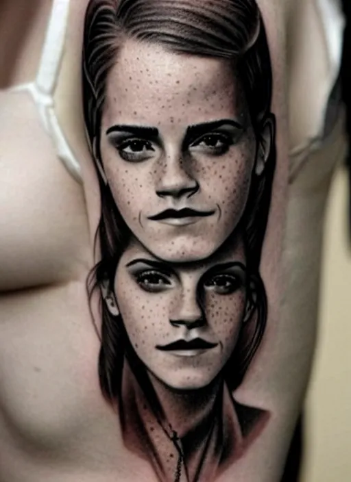 Image similar to emma watson, dope tattoo, hyperrealistic