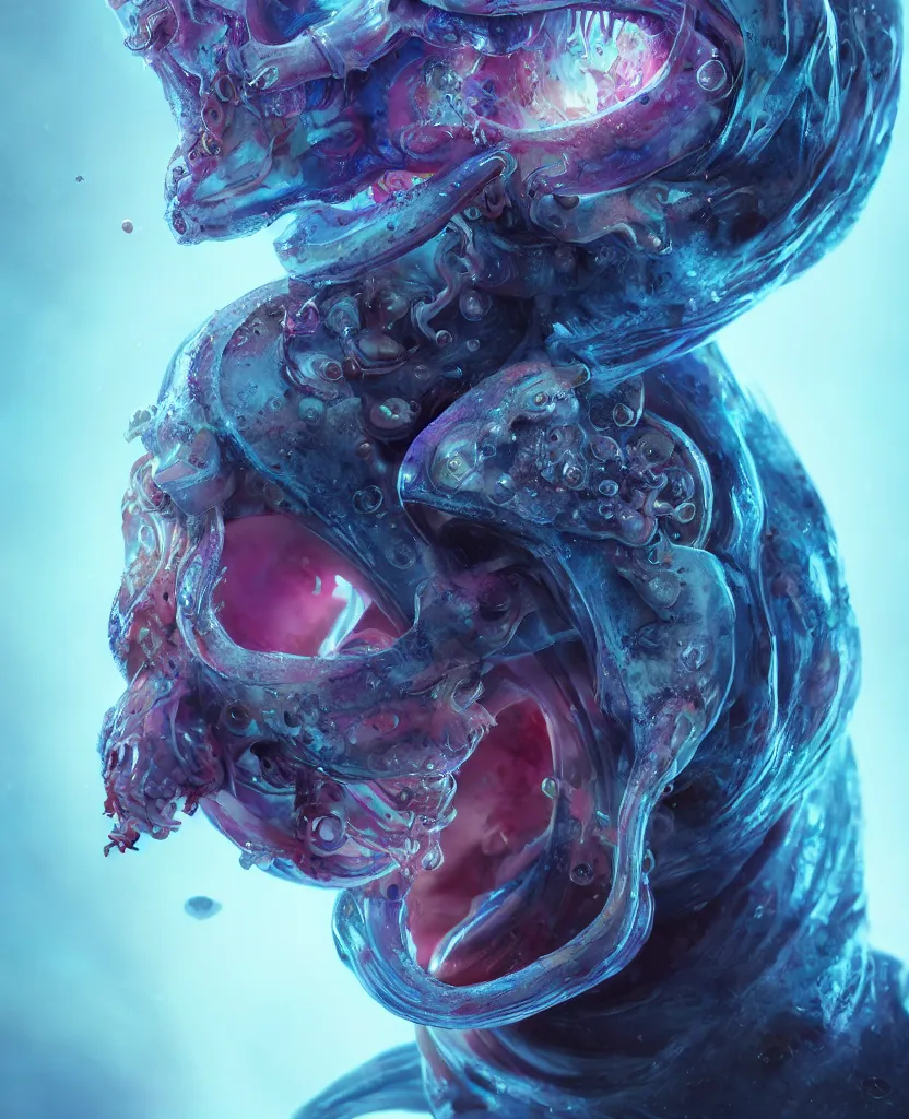 Image similar to hooded goddess close - up portrait hooded human skull, ram skull, squid phoenix jellyfish, orchid, betta fish, bioluminiscent, intricate artwork by tooth wu and wlop and beeple. octane render, trending on artstation, greg rutkowski very coherent symmetrical artwork. cinematic, hyper realism, high detail, octane render, 8 k