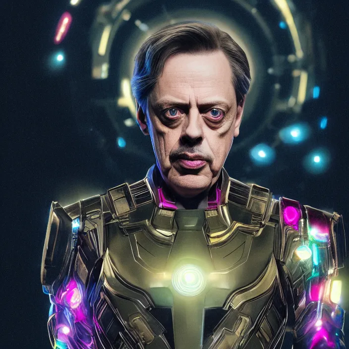 Image similar to portrait of Steve buscemi, wearing the infinity gauntlet. intricate artwork. octane render, trending on artstation, very coherent symmetrical artwork. Marvel. cinematic, high detail, octane render, 8k, iridescent accents