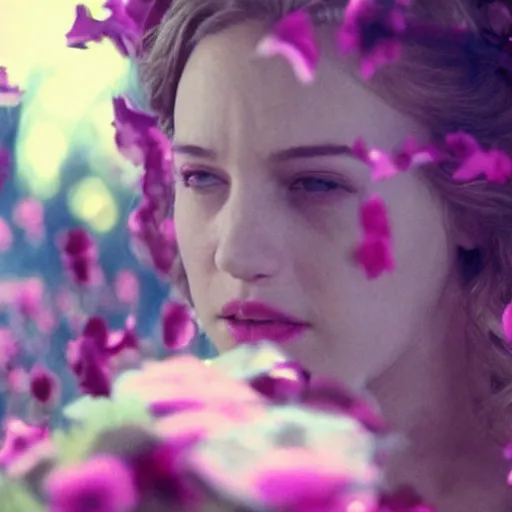 Image similar to movie still of the girl with the flowers head, cinematic composition, cinematic light, by edgar wright and david lynch