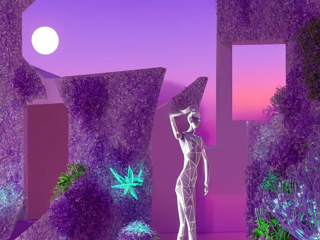 Image similar to beautiful mannequin sculpted out of amethyst by billelis + lit with 3 d geometric neon + facing a doorway opening with neon pink geometric fractal light + flowering hosta plants!!!, moon + city of los angeles in background!! dramatic, rule of thirds, award winning, 4 k, trending on artstation, photorealistic, volumetric lighting, octane render