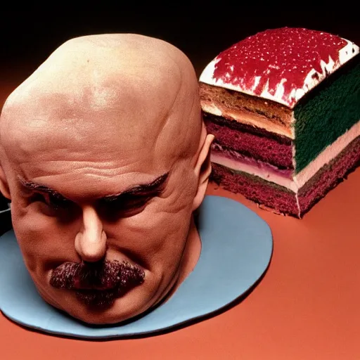 Prompt: delicious franz zappa's head is made out of cake, a slice has been separated from the rest, professional photograph, 4 k