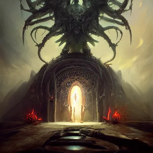 Image similar to ultradetailed satanic demigod opening cybernetic portal to insanity dimension by peter mohrbacher and emmanuel shiu and martin johnson heade and bastien lecouffe - deharme