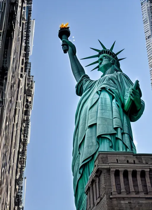 Prompt: the statue of liberty walking between skyscrapers