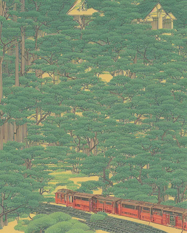 Prompt: close-up graphic poster of small model trains traversing a lush garden by Hasui Kawase.