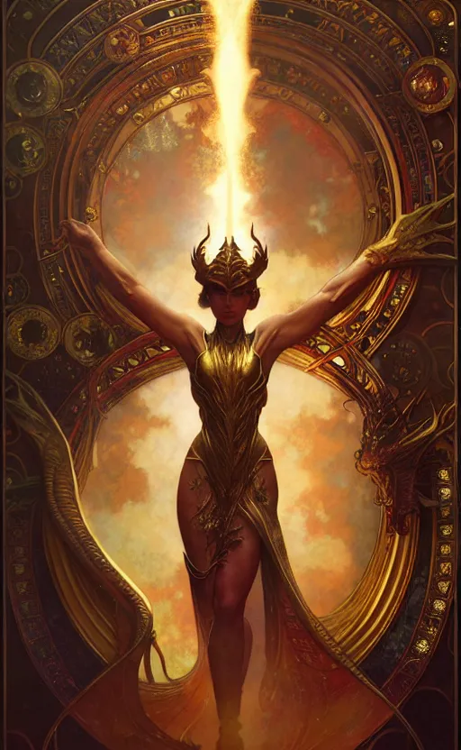 Image similar to magic gold dragon gorgeous lighting by weta studio, mucha, bautista and norman rockwell and greg rutkowski and tom bagshaw and james gurney and lucasfilm