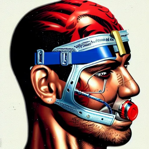 Image similar to a profile photo of a egyptian man with a diving oxygen mask with side profile blood in ocean intricate details by MARVEL comics and Sandra Chevrier-C