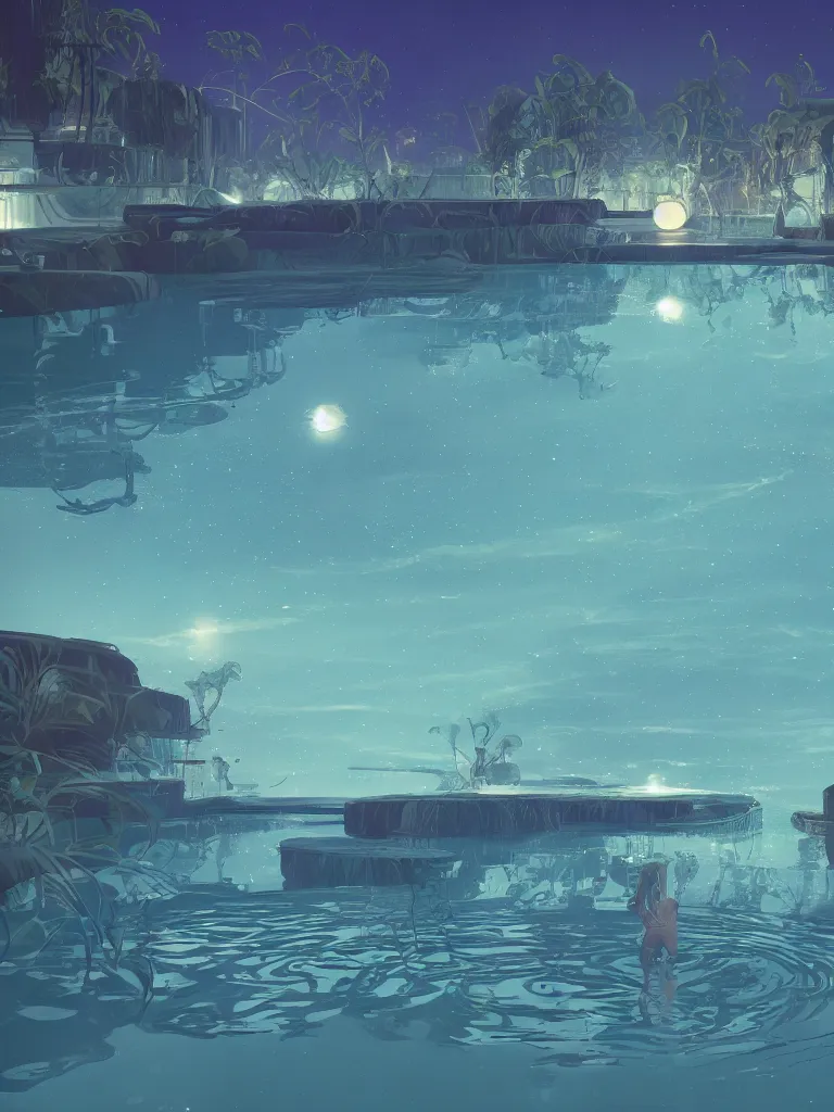 Image similar to neon moons reflected in a pool of water by disney concept artists, blunt borders, rule of thirds