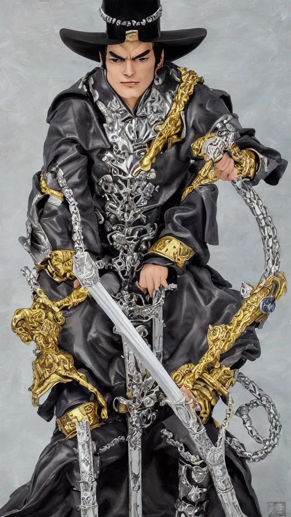 Prompt: Kujo Jotaro in white steel armour of god sit on the vampire style throne with silver long sword like a cobra in his left hand and long sceptreat with gold and sapphire curved on it. Precise, epic and thick western classical oil painting style.