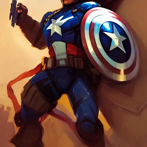 Image similar to greg manchess portrait painting of heavily armored captain america as overwatch character, totally whack, medium shot, asymmetrical, profile picture, organic painting, sunny day, matte painting, bold shapes, hard edges, street art, trending on artstation, by huang guangjian and gil elvgren and sachin teng